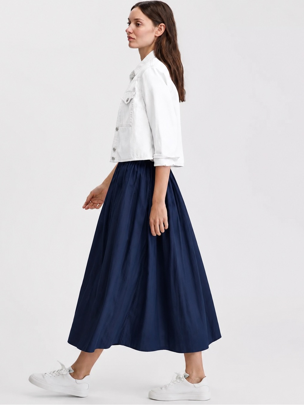 097- On 34th Navy Blue Pull-On Cotton Poplin Midi Skirt Size Large - Picture 3 of 4
